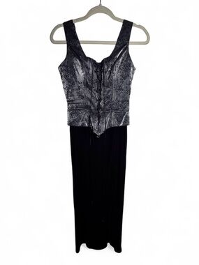 Vintage 90s Corset Lace Up Bodice Velvet Floral Maxi Dress Gothic Romantic